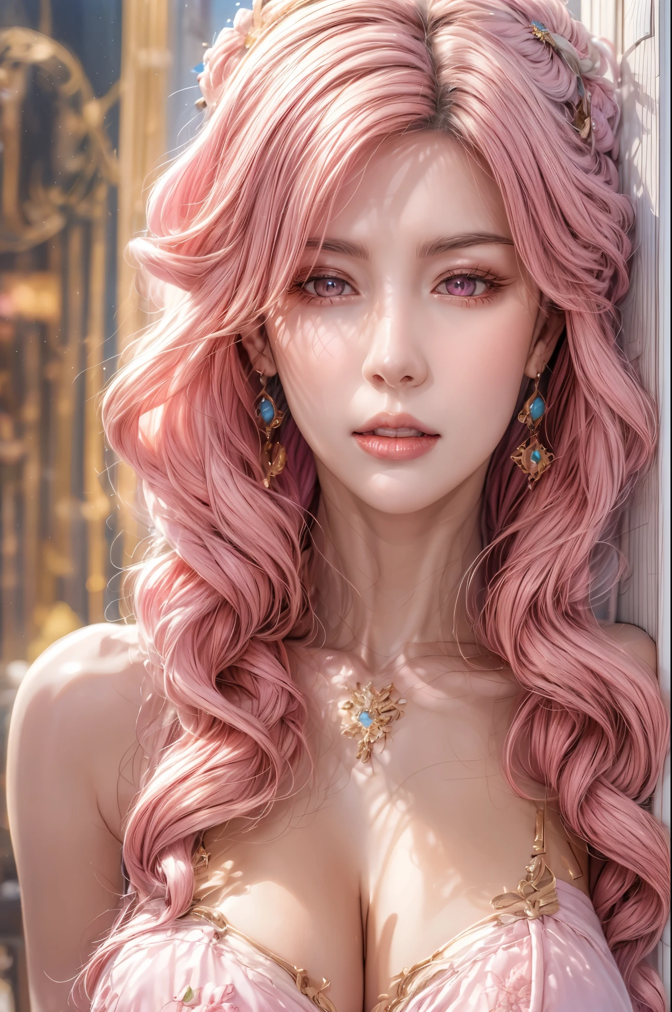 solo, 1 beautiful woman with huge breasts, (beautiful face, seductive expression, Realistic pink hair), (extremely long curly hair, earrings), wearing blue flower dress, (((pink eyes, random sexy pose)))
