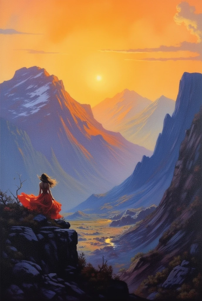 Oil painting, mountains in warm shades, on the top in the distance you can see the silhouette of a woman in a red dress fluttering in the wind