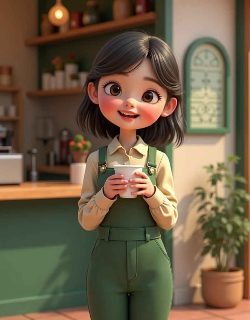  A cute girl in a coffee shop costume , Standing in front of a coffee shop ,  holding a cup with warm gestures, 3d animated, Sophisticated design, 8k,  photorealistic ,  intricate details ,  soft lighting ,  warm green and beige color palette 