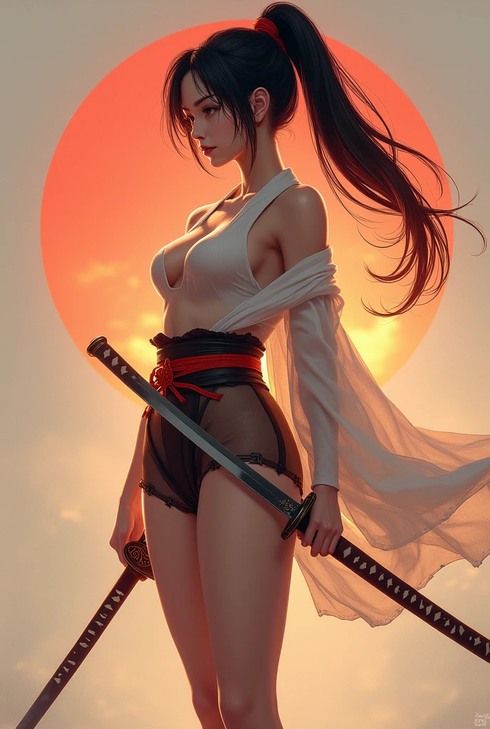 (from behind), (masterpiece, best quality:1.2), expressive eyes, perfect face, highres, 1girl, solo, female version of Ryu \(sf\), (female:1.5), black hair, long hair, dougi, fingerless gloves, headband, no pants, standing, cowboy shot, looking at the viewer