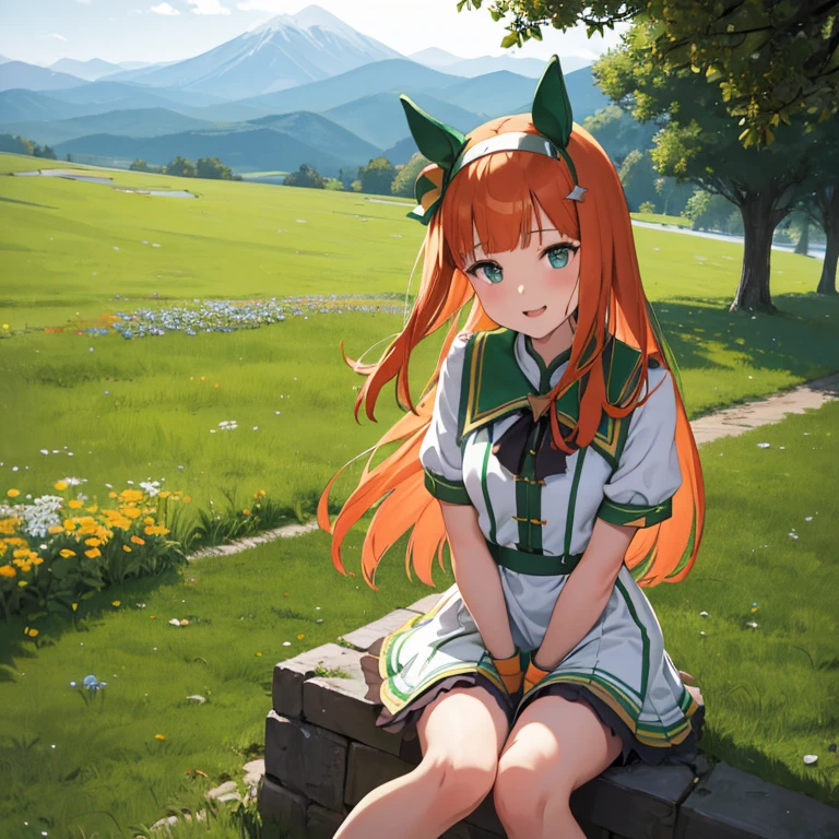  green hill with big mountains in sight、Sit with legs apart、silencesuzuka、 orange hair、 straight hair 、Horse ears、Horse tail、 wearing a white dress、Short、 small breasts、smile、Open your mouth、 has red cheeks、between legs、Looking up from below、 dynamic composition、 facing the front、 uncensored、masterpiece、 best quality