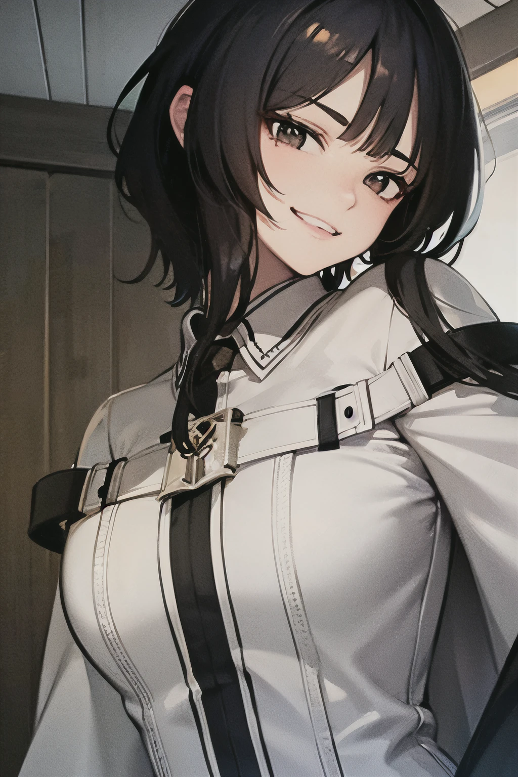 (best quality:1.3), (masterpiece:1.3), (illustration:1.3), (ultra-detailed:1.3), (mid shot:0.9), 1girl, Short hair, black hair, virtuosa_arknights, medium breasts, tall, ((mature, smirk,)) upper body, gray eyes, looking at viewer, white coat, 