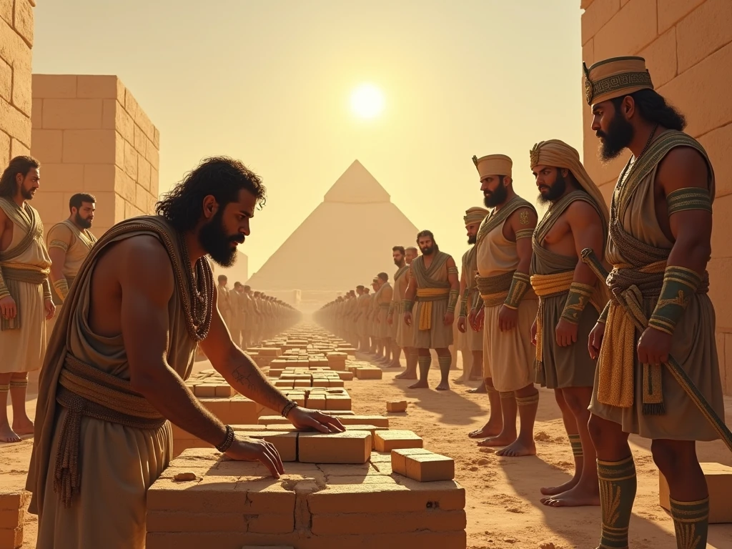 Israelites pulling statue and carrying stones, working for the Egyptian people