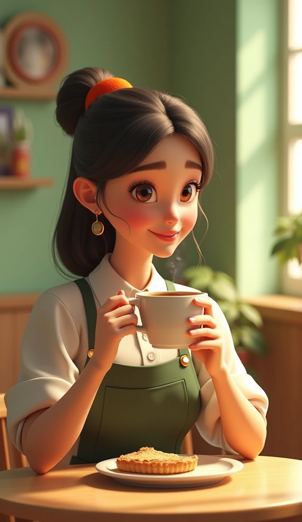  A cute woman in a coffee shop costume,  Sitting at a coffee table , Smiling drinking coffee , Piece of pie on the table , 3d animated, Sophisticated design, 8k,  photorealistic ,  intricate details ,  soft lighting ,  warm green and beige color palette 