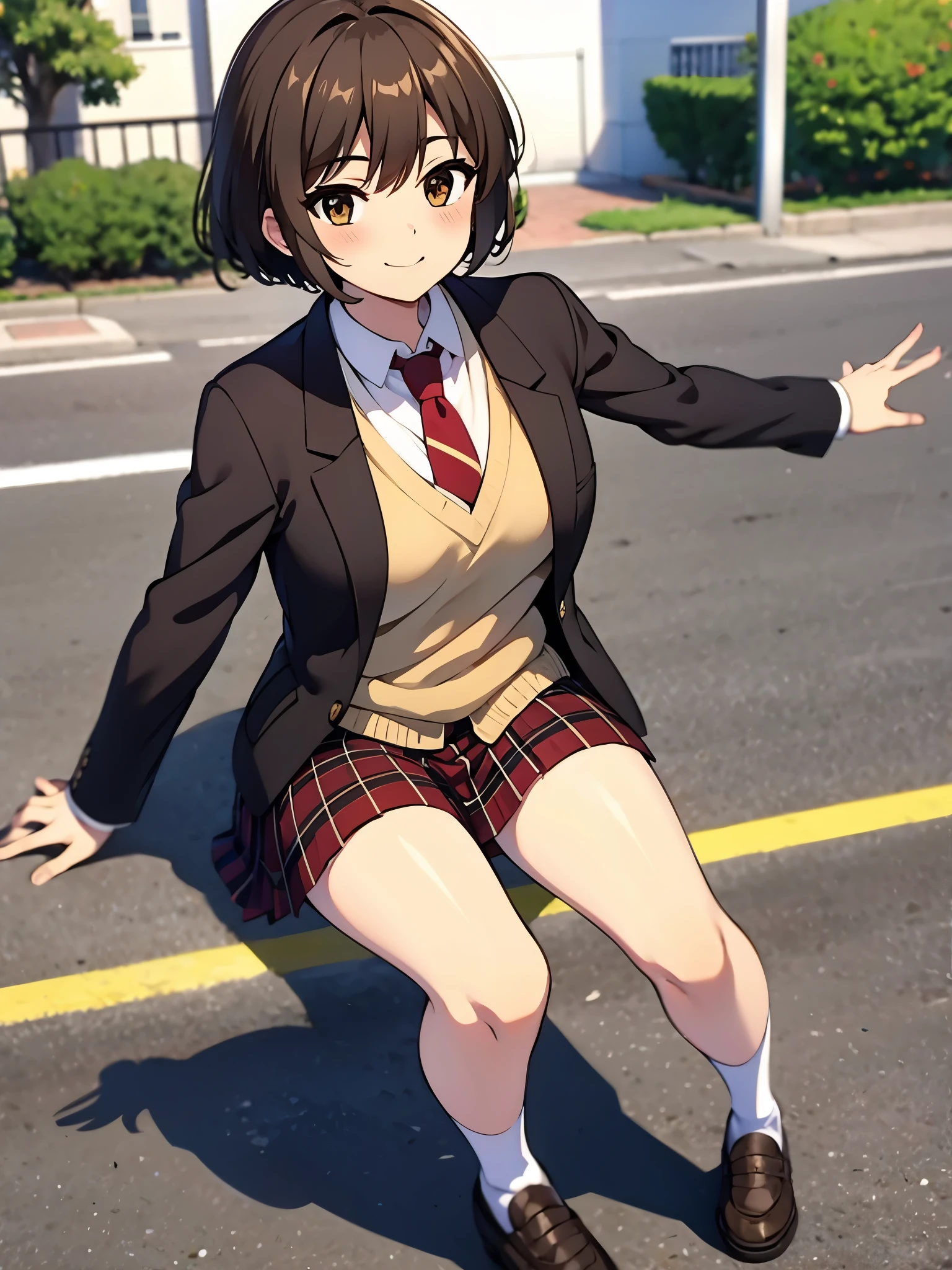 outdoor, in playground, break anime style, ultra high res, break white socks1:4, kick up, break thin, Best quality, adult body, UHD, break  black blazer, red tie, red plaid pattern skirt, brown loafer, sharpen, 32k, masterpiece, intense gaze,