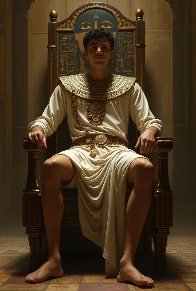 Handsome man, beautiful, white skin, thin, with golden pants and a golden suit on a golden chair with a baton of command without a shirt crossing his legs, sitting on a king's chair with a crown and around him there are displays of objects from some ancient Egyptian museum.