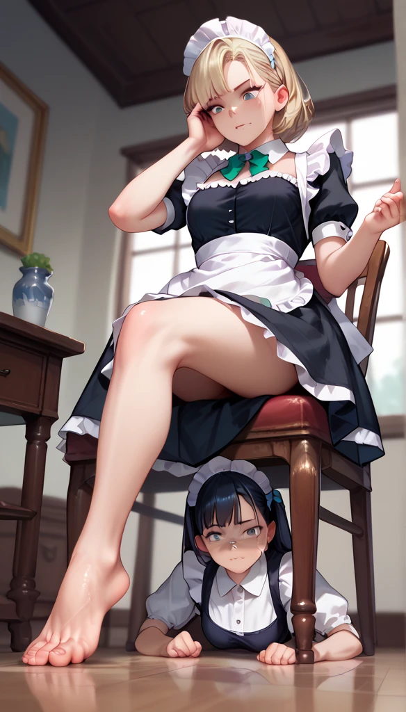 Anime Women, Maid seated on a chair,  barefoot, raised leg, Stomping of feet on face, step on face, looking down, throw