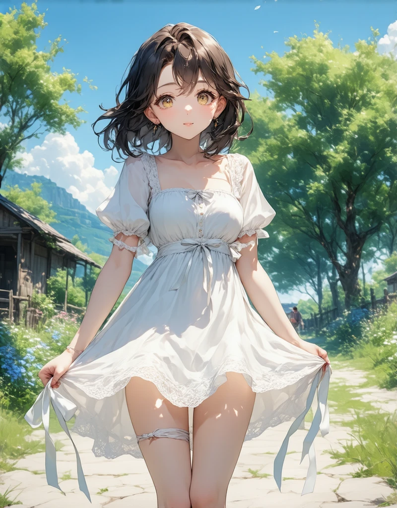 (full_body, photo-realistic:1.30), (spotlight illumination, rich shadows, sparkling bokeh, exquisite details, high-resolution, 35mm film), (countryside, mountain, lake),
(1girl solo, blushing, floating long hair, dynamic pose, long legs, loving_viewer), (wedding dress, dazzling accessories, captivating eyes, red lips)
(medium_breast,  perky),