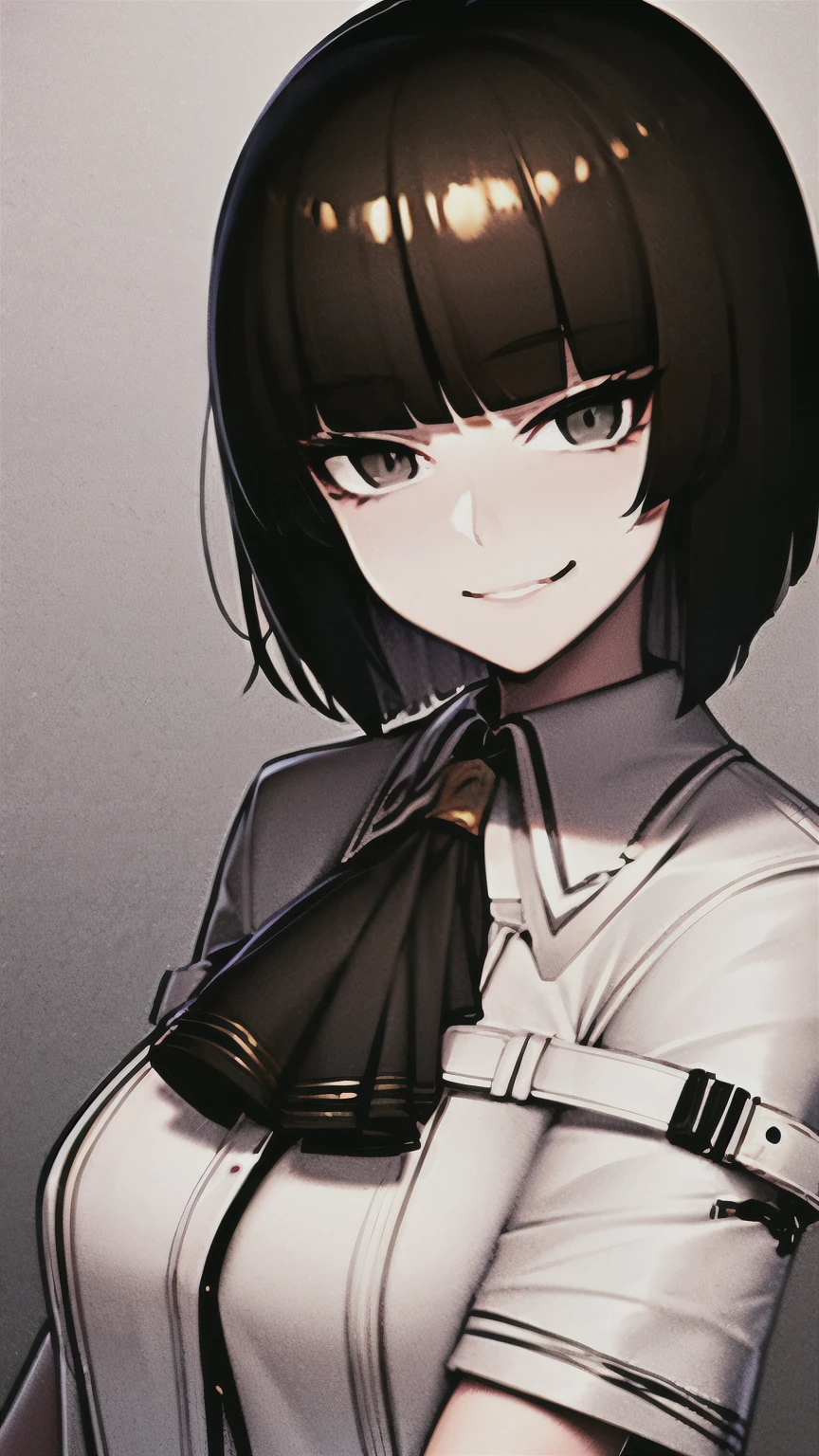 (best quality:1.3), (masterpiece:1.3), (illustration:1.3), (ultra-detailed:1.3), (mid shot:0.9), 1girl, Short hair, black hair, virtuosa_arknights, medium breasts, tall, ((mature, smirk,)) upper body, gray eyes, looking at viewer, white coat, 