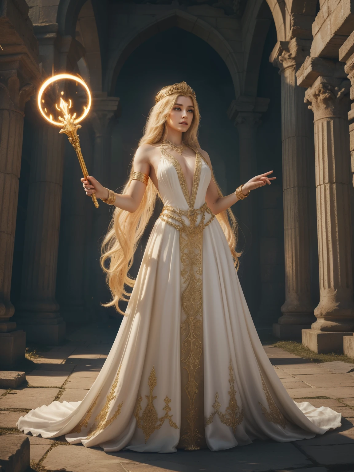 Create an image of a majestic, ethereal queen standing in a mystical, ruined temple. She has long, flowing golden hair that shimmers like sunlight, and her presence exudes both regality and melancholy. Her outfit is adorned with intricate, golden patterns, resembling ancient runes, paired with a flowing white gown. She holds a scepter imbued with a glowing orb of light, radiating divine energy. The background features a mystical, otherworldly sky filled with swirling stars and a fractured golden ring hovering above. The setting is dark and atmospheric, with broken statues and faint beams of light piercing through the ruins. super fine eyes, super fine face, super fine nose, super fine mouth, super fine fingers, super fine body, super fine hand, perfect body, golden ratio, good shape, muscular, super realistic, beautiful girl.