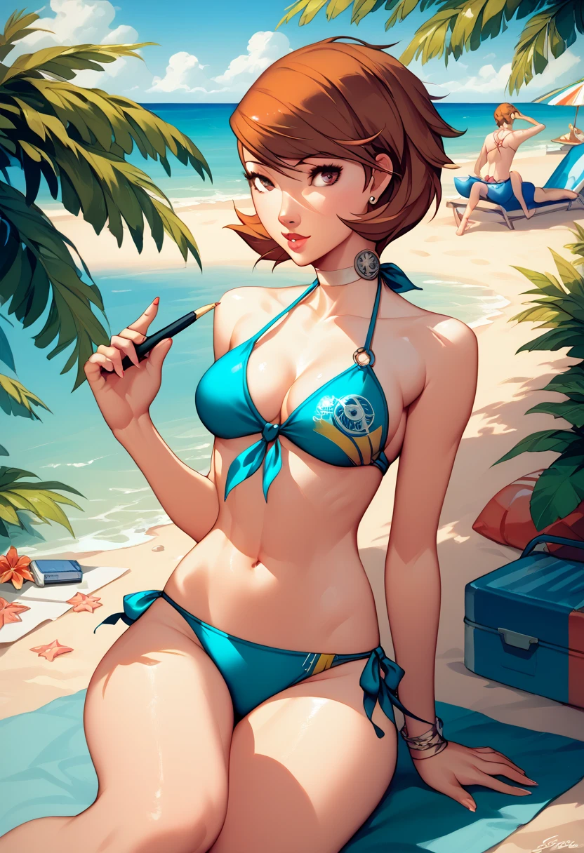 yukari takeba, person 3, beautiful,  short brown hair , bikini, Pen a beach