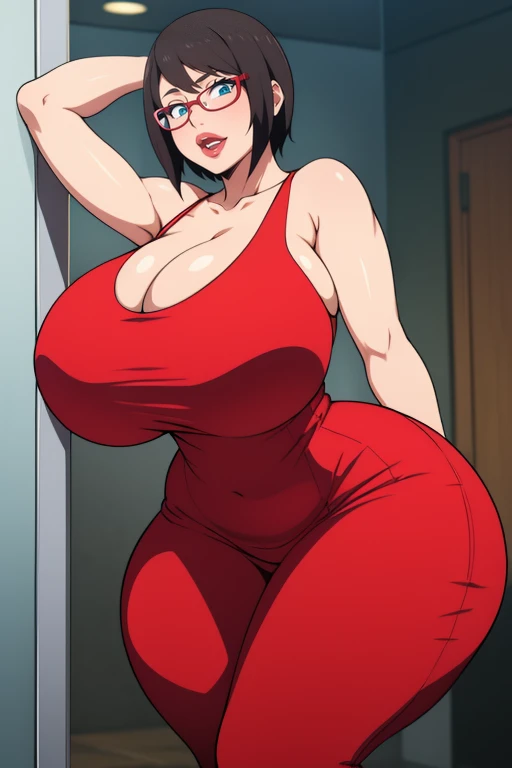 Shizune, 1girl, ((bimbo))), short black hair, glasses, painted lips, wide hips, thick thighs, huge ass, bimbo face , enormous huge natural breasts, sexy red dress, cleavage, hanging breasts, ahegao face, hot, lust face