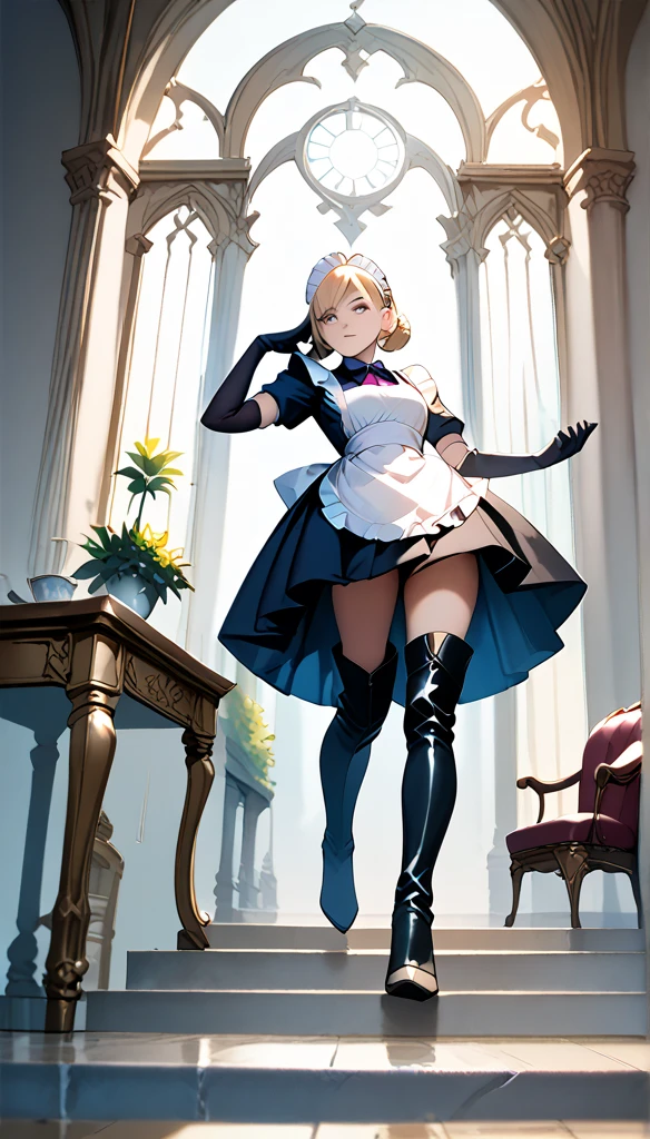 Anime Women, Maid seated on a chair, thigh boots, elbow gloves, raised leg, Stomping of feet on face, step on face, looking down, throw