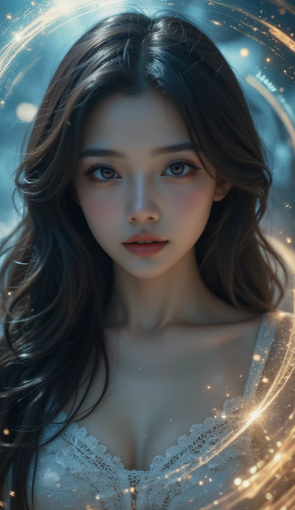 (masterpiece, ultra high quality, high resolution, 10, convoluted: 1.2), (detailed face:1.2), (realistic), Goddess of Immortality, pure white skin, perfect face, detailed skin, big bust, pink nipples, ((Black dress)), Black high heels, silk, fluid dynamics, Golden Trinkets, naked breasts, Exposed breasts, Long black hair with thick waves, ((full body image)), orgasm, superior, golden iris, brilliant golden halo, elegant, romanticism, The most beautiful form of chaos, dreamwave, cowboy shot, Black hair, Golden eyes, Magical, Galaxy, Sex, Darkness, abyss space background, Black diamond, Black crystal, Black ice, Model body, Smoke, Ice gold, Diamond, dreamy magic, Pastel tones, Bewitching, Sexually aroused, Beauty, Big breasts.