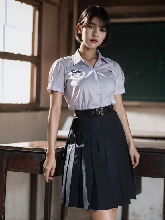 (photorealistic:1.4),Best quality, masterpiece, ultra high res, raw photo,rim  lighting,(cowboy shot) ,Thai classroom, 1girl,(mathayom uniform),white shirt short sleeves,(black pleated long skirt:1.2),short hair ,dramatic scene , Pretty thai woman short hair , big breasts
 