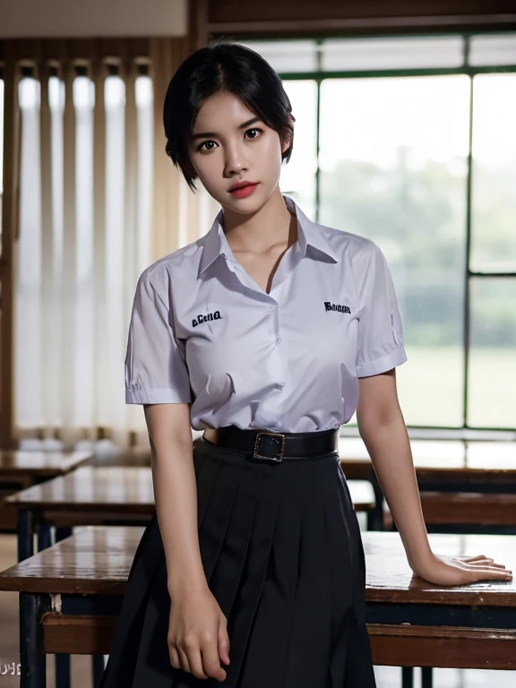 (photorealistic:1.4),Best quality, masterpiece, ultra high res, raw photo,rim  lighting,(cowboy shot) ,Thai classroom, 1girl,(mathayom uniform),white shirt short sleeves,(black pleated long skirt:1.2),short hair ,dramatic scene , Pretty thai woman short hair , big breasts
 