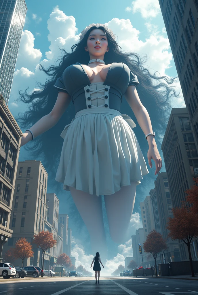 standing Giant woman, destroying buildings, torn gorgeous white dress, front view from below, action pose