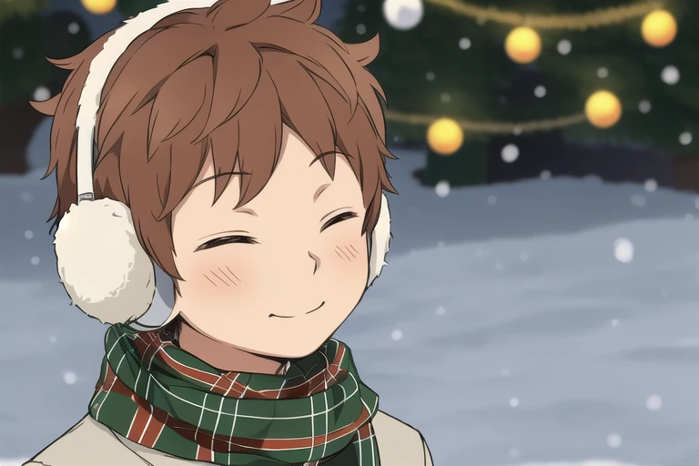 Masterpiece, best quality, 1boy, Midorikawa, eyes closed, kawaii, cute, scarf, earmuffs, outdoors, snow, plaid, christmas theme, 