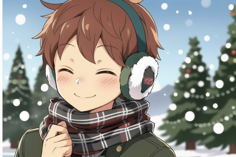 Masterpiece, best quality, 1boy, Midorikawa, eyes closed, kawaii, cute, scarf, earmuffs, outdoors, snow, plaid, christmas theme, 