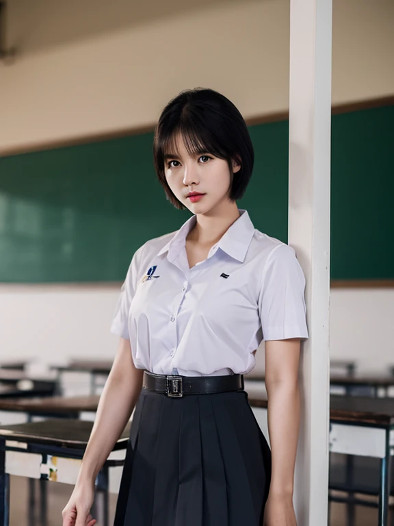 (photorealistic:1.4),Best quality, masterpiece, ultra high res, raw photo,rim  lighting,(cowboy shot) ,Thai classroom, 1girl,(mathayom uniform),white shirt short sleeves,(black pleated long skirt:1.2),short hair ,dramatic scene , Pretty thai woman short hair , big breasts
 