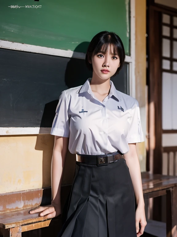 (photorealistic:1.4),Best quality, masterpiece, ultra high res, raw photo,rim  lighting,(cowboy shot) ,Thai classroom, 1girl,(mathayom uniform),white shirt short sleeves,(black pleated long skirt:1.2),short hair ,dramatic scene , Pretty thai woman short hair , big breasts
 