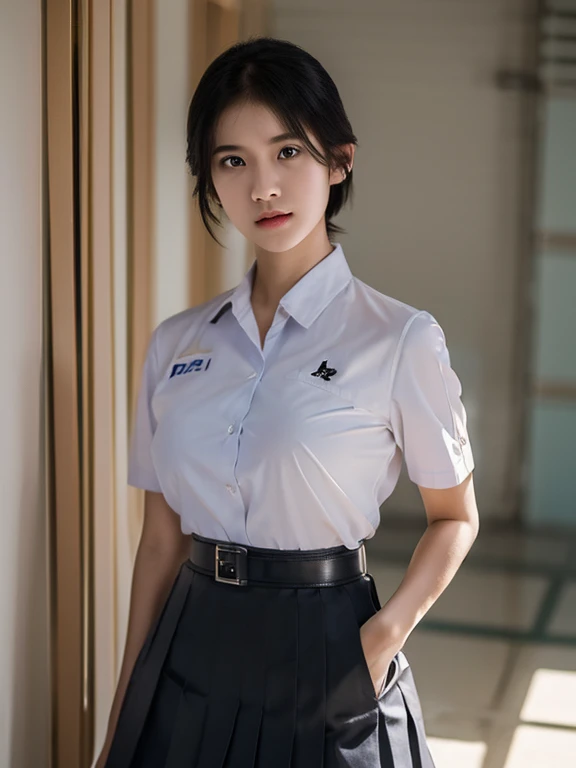 (photorealistic:1.4),Best quality, masterpiece, ultra high res, raw photo,rim  lighting,(cowboy shot) ,Thai classroom, 1girl,(mathayom uniform),white shirt short sleeves,(black pleated long skirt:1.2),short hair ,dramatic scene , Pretty thai woman short hair , big breasts
 