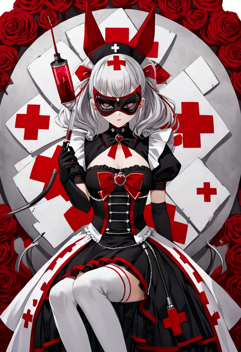 a picture of vampire nurse in a dark hospital, goth hospital, exquisite beautiful nurse, ((full body shot: 1.5)), ((anatomically correct: 1.5)), (ultra detailed face: 1.2), pale skin, dynamic hair style, dynamic hair color, wearing white silk nurse, small cleavage, nurse robes, white skirt,(holding blood transfusion bag: 1.3), BloodSoakedAI, goth hospital background, dark fantasy art, goth art, Hyperrealism style, vibrant, Ultra-high resolution, High Contrast, (masterpiece:1.5), highest quality, Best aesthetics), best details, best quality, highres, ultra wide angle, 16k, [ultra detailed], masterpiece, best quality, (extremely detailed) RAW, BloodSoakedAI, vampire teeth