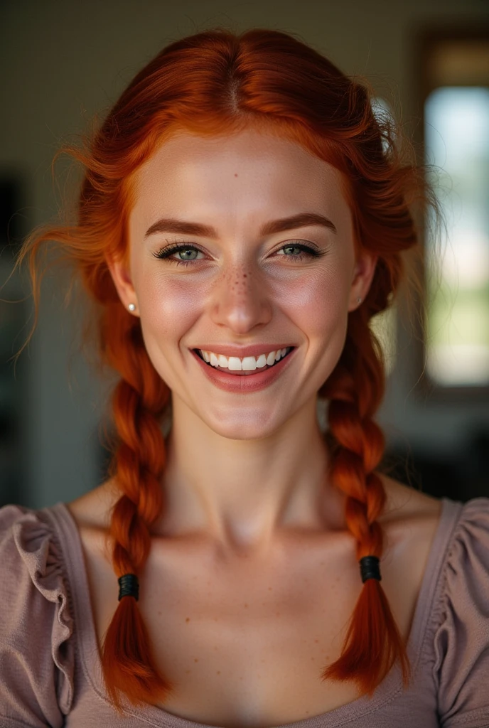 Woman wink, redhead, twin braids, freckles