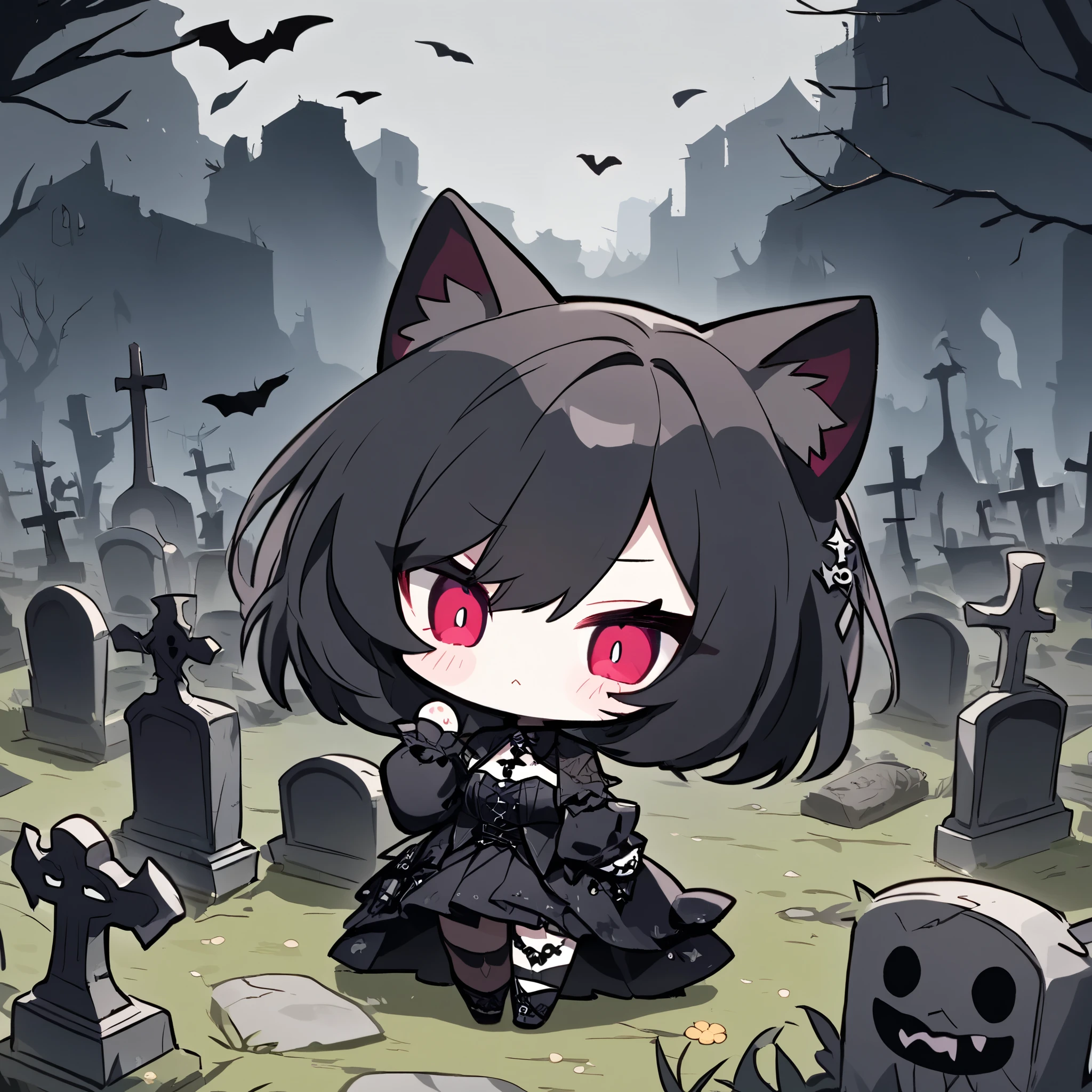 derelict graveyard,dark gothic,chibi cat