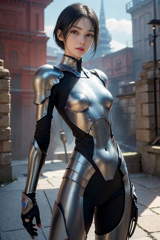 whole body、 1 girl、 very beautiful face、Well-balanced face、((Super cute))、 black hair、 shorthair 、 white skin、( slender body )、Petite body、 small breasts、 steampunk 、Machine armor with high density details、 EXQUISITE DETAILS 、 sci-fi atmosphere、 Retrofuture 、Futuristic city background、((REALISTIC PHOTO QUALITY :1.5))、（ super quality:1.3）、masterpiece、（ high definition）、HDR、8k、 Hyperrealistic 、Stylish footage 、 Amazing Pictures 、Diffuse lighting、 professional lighting、Front lighting、 depth of field、 Sharp Focus、Award-winning works