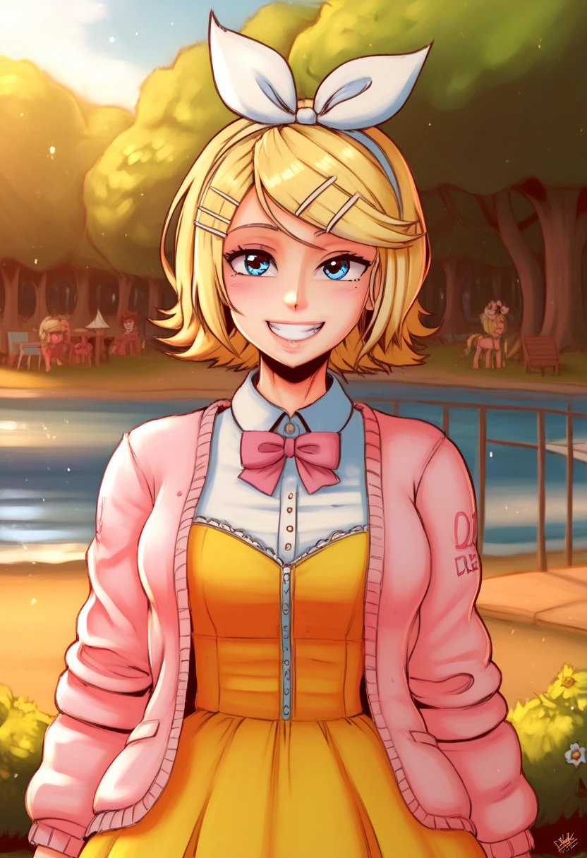 score_9, score_8_up, score_7_up, score_6_up, score_5_up, score_4_up , 1GIRL, rin kagamine, blonde hair, blue eyes, hair bow, short hair, yellow dress, pink cardigan, smile, looking at viwers, daisy, day, HDR, 32K, 8K, 4K, (Masterpiece:1.3), (best quality:1.2),