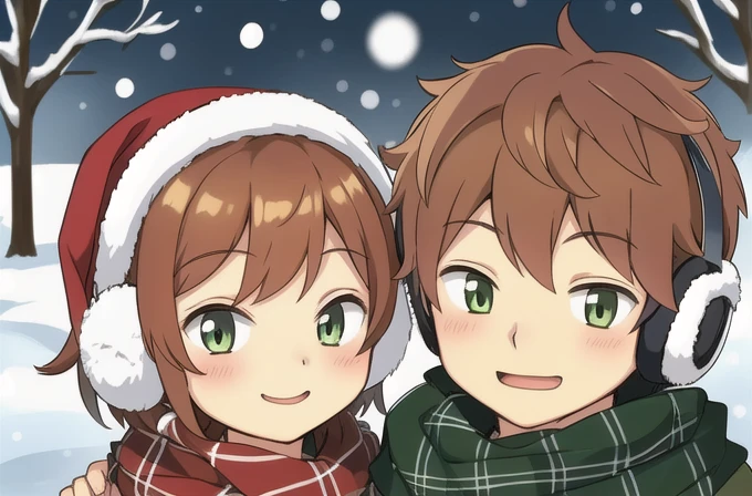 Masterpiece, best quality, 1boy+1girl, Midorikawa, winking eyes, kawaii, cute, scarf, earmuffs, outdoors, snow, plaid, christmas theme,