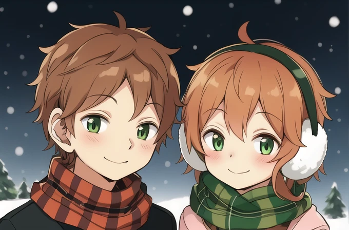 Masterpiece, best quality, 1boy+1girl, Midorikawa, winking eyes, kawaii, cute, scarf, earmuffs, outdoors, snow, plaid, christmas theme,