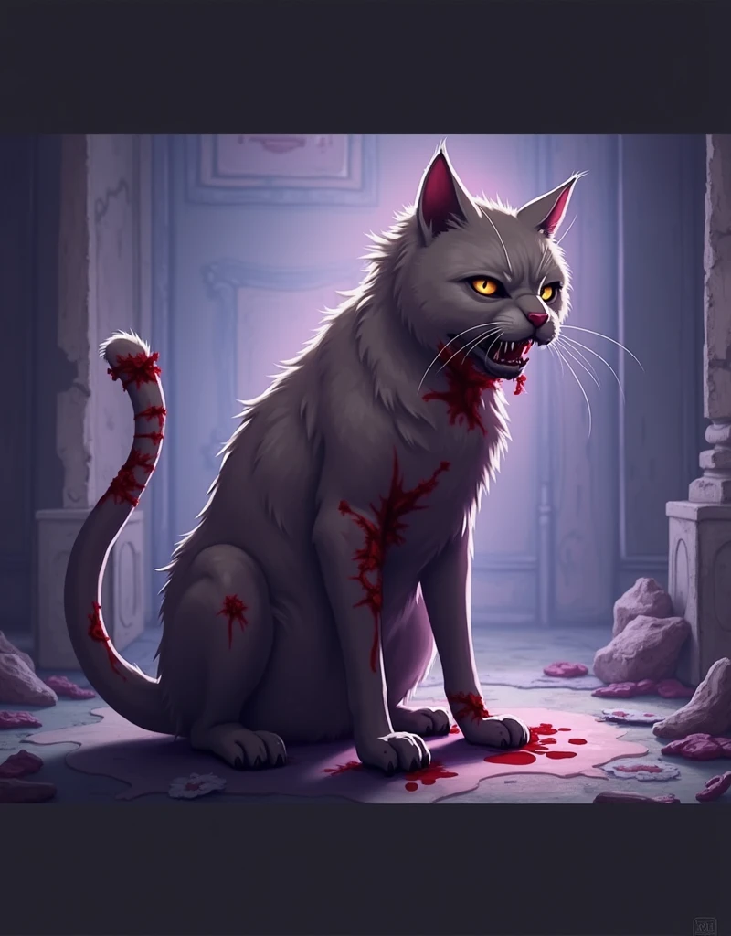 solo female anthro furry cat naked extra fluffy black and white with short black messy hair and green eyes with slave collar chained to wall in jail cell covered in blood at night and crying
