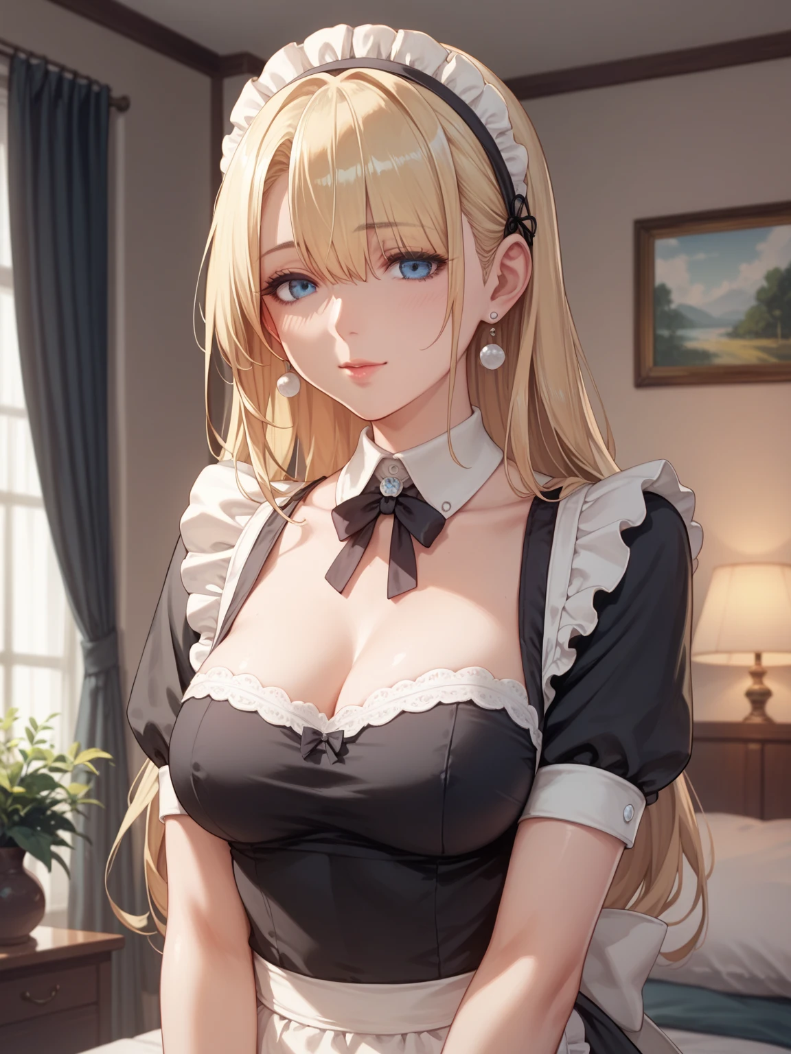 score_9, score_8_up, score_7_up, blonde, long hair, hair over eyes, blue eyes, perfect eyes, anime milf, elegant mature woman, wise face, black maid outfit, medium breasts, home, soft light