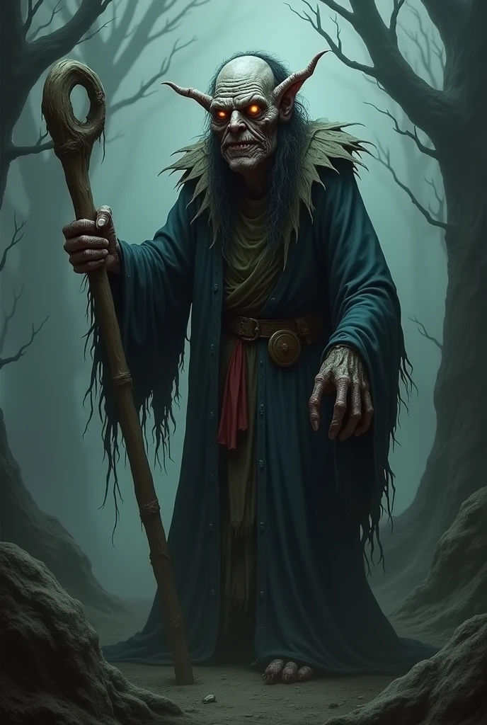 (photorealism:1.2), necromancer, arms outstretched, staff, Epic Pose, bald head, crazy eyes, shark teeth, smile, ragged robes, scars, golden skull necklace