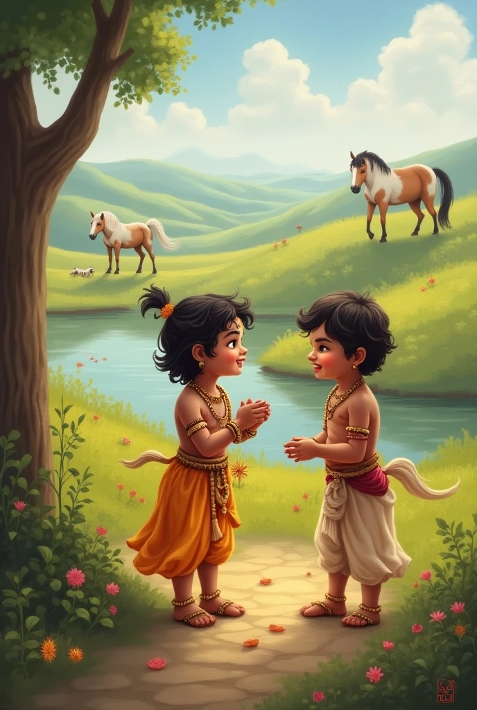 Lord Krishna & balarama playing near mountain and cow shed