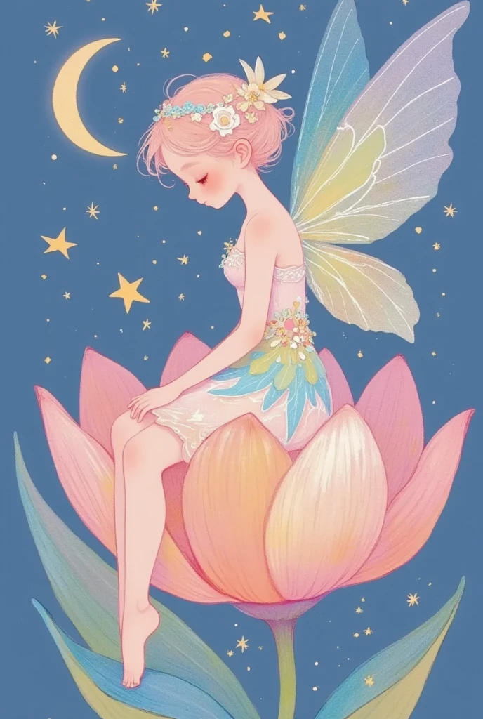 a cartoon fairy sitting on a flower with a moon in the background, space flower fairy, beautiful fairy, fairy aesthetics, beautiful fairies, study of a flower fairy, astral fairy, beautiful fairie, faerie, portrait of a fairy, dreamy illustration, smiling as a queen of fairies, beautiful adult fairy, fairy-tale illustration style, dreamy and detailed