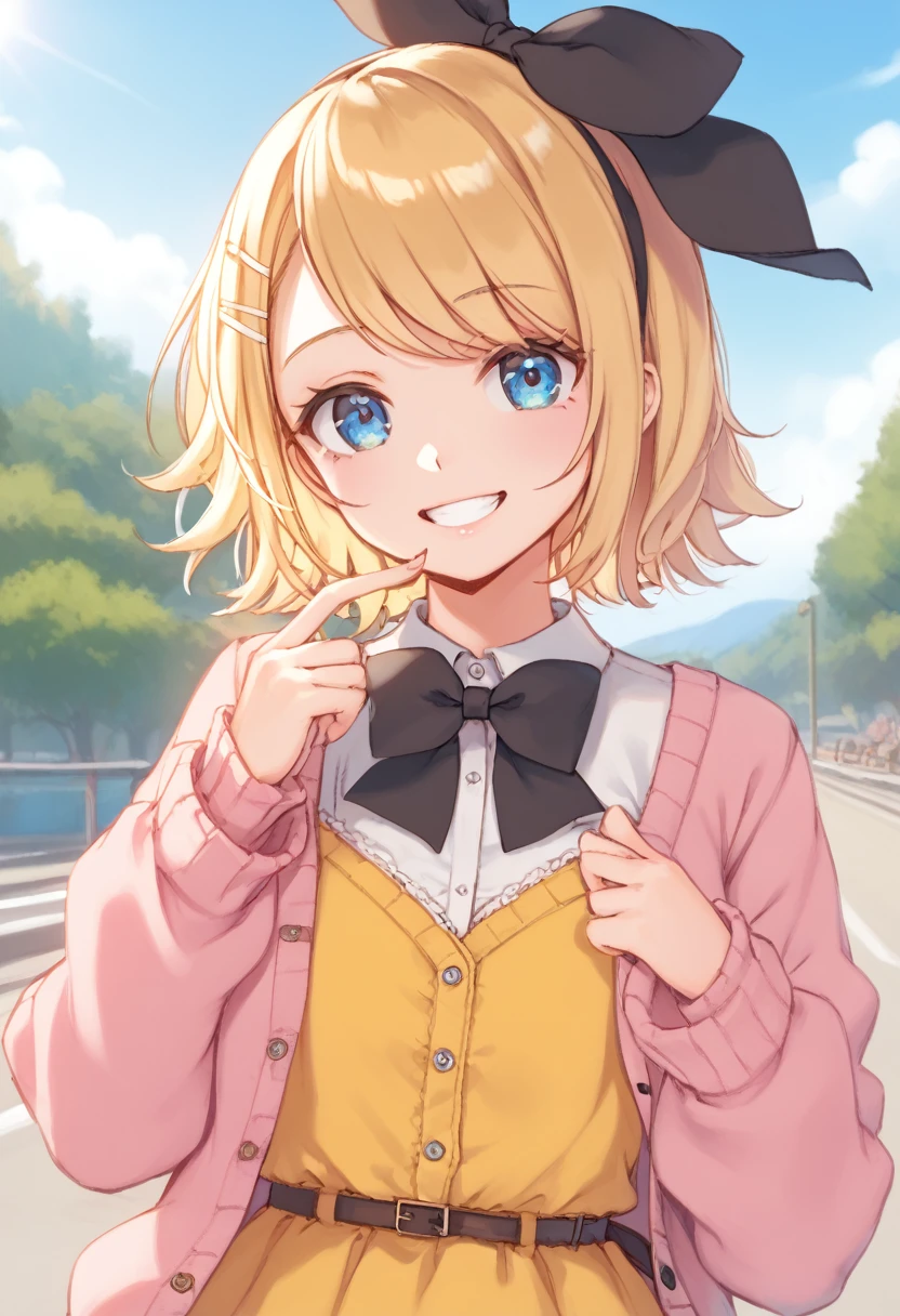 score_9, score_8_up, score_7_up, score_6_up, score_5_up, score_4_up , 1GIRL, rin kagamine, blonde hair, blue eyes, hair bow, short hair, yellow dress, pink cardigan, smile, looking at viwers, daisy, day, HDR, 32K, 8K, 4K, 