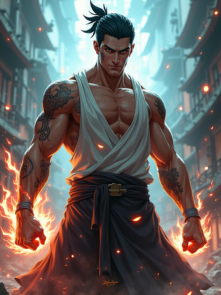 Dicas: foto de corpo inteiro, design de personagem do jogo, Bruce Lee jogos mortais, Walking towards the camera, Hands in pockets, smoke billowing, olhos vazios, personagem Hokuto Shinken, Kenjiro, luz lateral superior, rua deserta (distant view, profundidade de campo borrada), elevation perspective - AR 10:16 - Expression of style