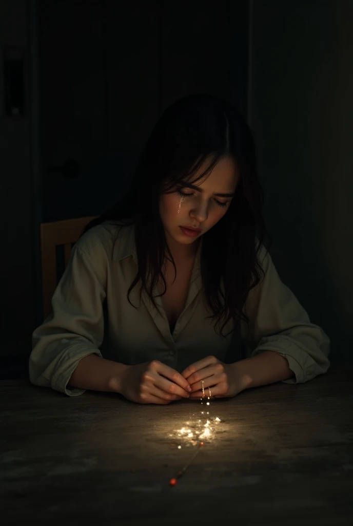 
" woman seated in a simple chair ,  with their head down as a sign of concern , Delayed beads are on the table ,  in a modest, dimly lit environment .  Close detailed shows tears slowly falling from their face and accumulating on the weathered wooden table.  The soft lighting highlights the glow of small drops and the emotional impact of the scene,  conveying deep sadness and vulnerability ."