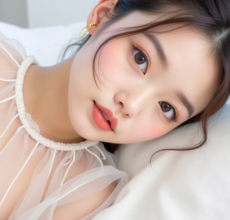 a man with ateez jeong yunho face claim detailed, soft and cute features, oval face, doe eyes, round pink lips, pale skin, feminine
face features, detailed features, laying on a bed, dressed in pink clothes and a pink bow on his brown hair, slim body and plane chest