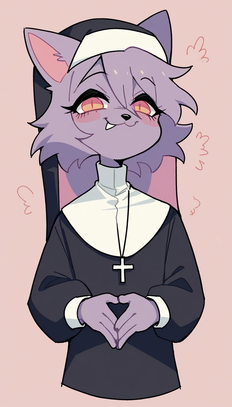     best quality    ,    very detailed illustration,(Anthropomorphic fluffy cat boy :1,7) ,    tousled fluffy hair  , sly look , alluring playful look   , Slim,    perfect body  , Simple drawing, Artifyber style, pastel flat colors, Cute,  Smug Bitches,  cartoon   , nun clothes 