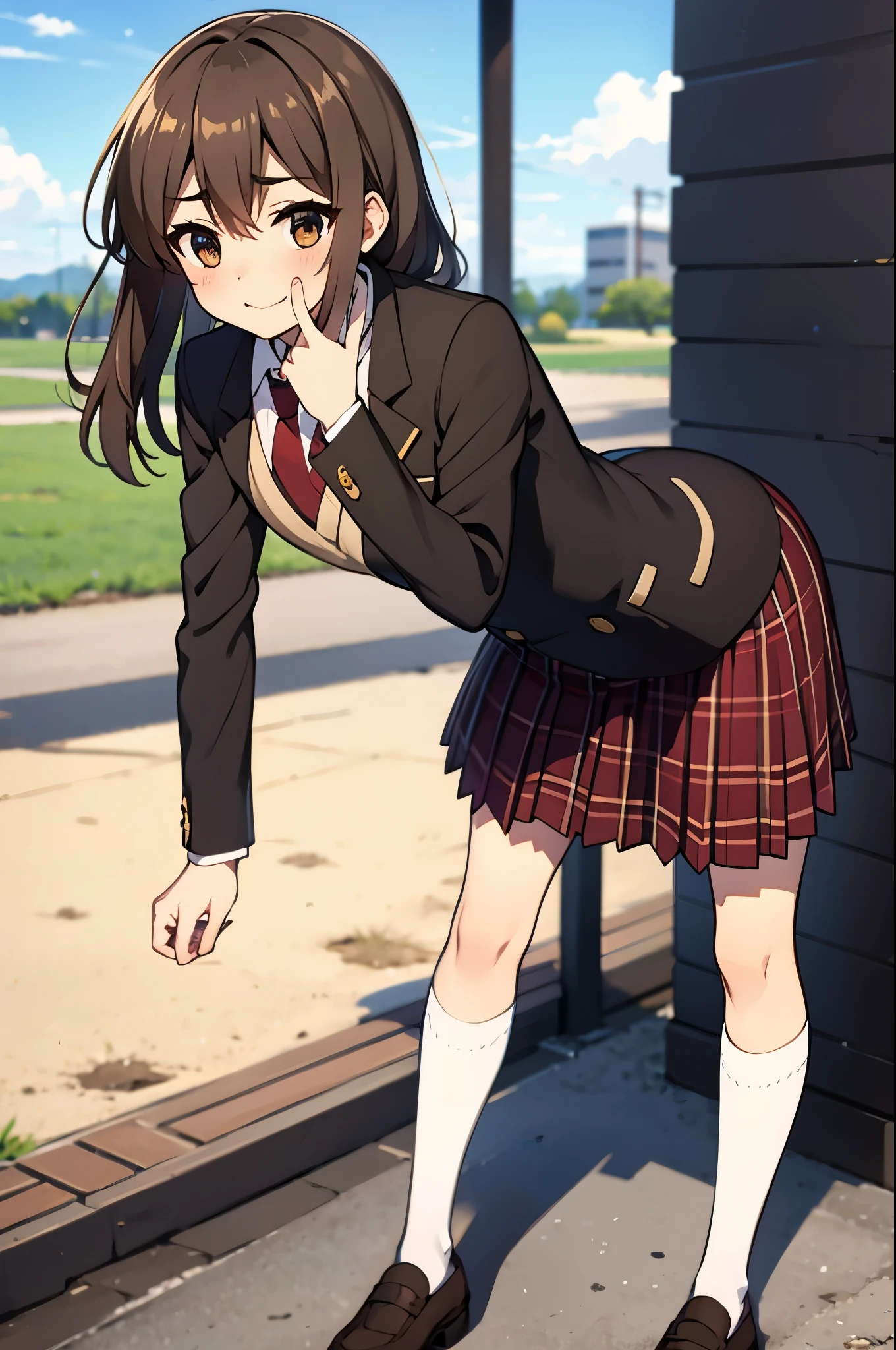 focus face, Hands covering face, peeking through fingers, outdoor, in playground, break anime style, ultra high res, break white socks1:4, break blush, shy, Best quality, adult body, UHD, break looking sky, black blazer, red tie, red plaid pattern skirt, brown loafer, sharpen, 32k, masterpiece, intense gaze,