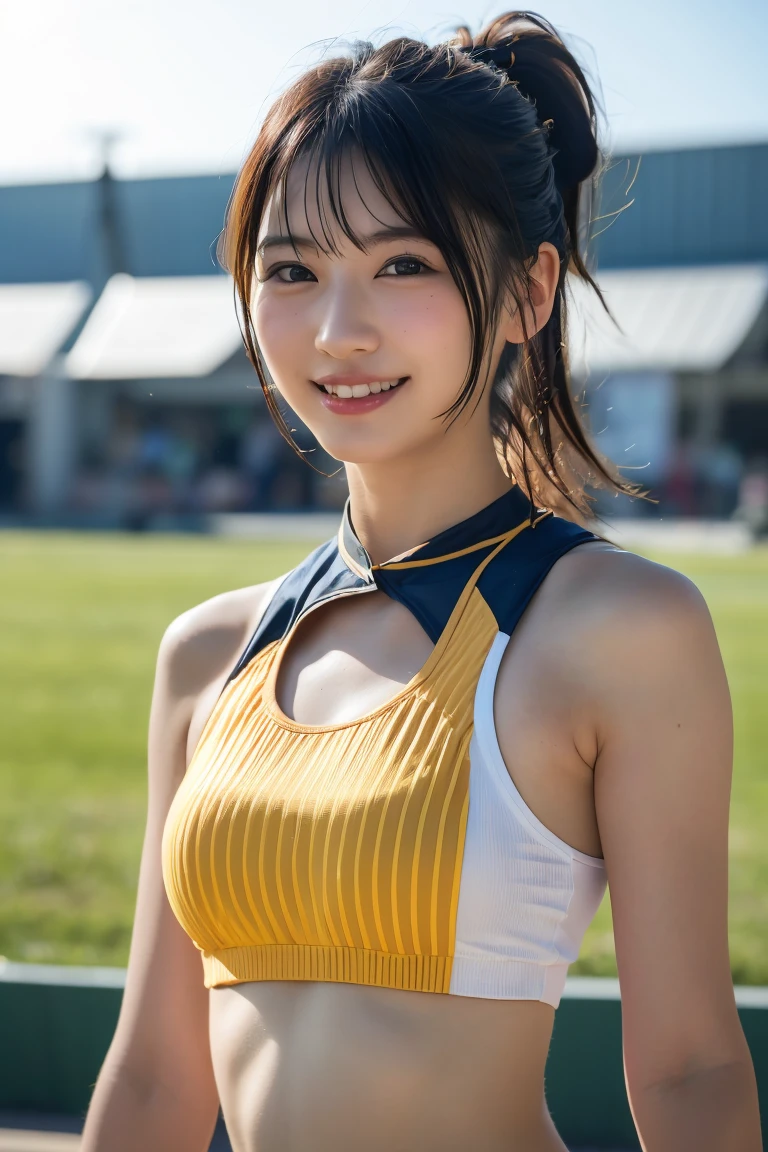 Lens 135mm f1.8, (highest quality),(RAW photo), , (Beautiful 16 year old Japanese girl), cute face, (deeply carved face:0.7), (freckles:0.6), ,dramatic , (japanese school (croptop) dark_orange_color tanktop), (inside the school), shy, low twintails, , (smile),, (sparkling eyes)、standing,