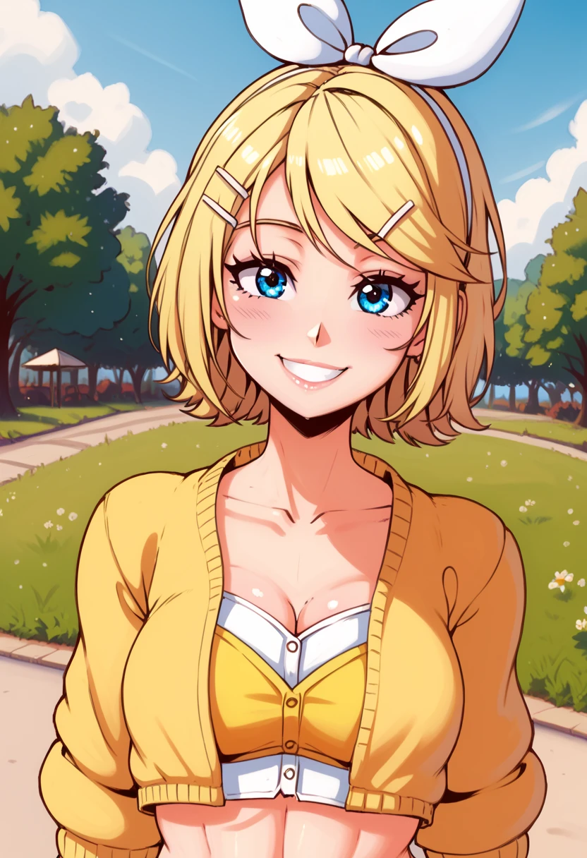 score_9, score_8_up, score_7_up, score_6_up, score_5_up, score_4_up , 1GIRL, rin kagamine, blonde hair, blue eyes, hair bow, short hair, yellow dress, cropped cardigan, smile, looking at viwers, daisy, day, HDR, 32K, 8K, 4K,