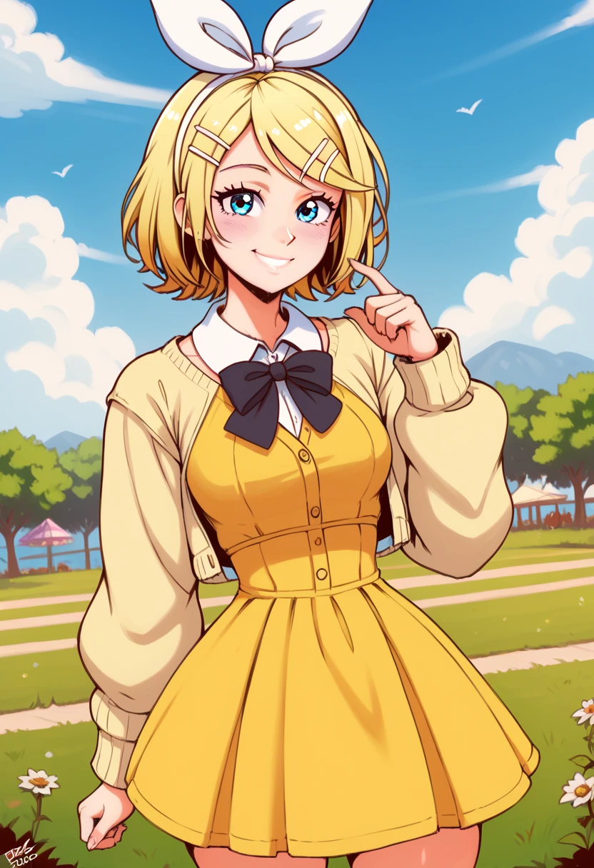 score_9, score_8_up, score_7_up, score_6_up, score_5_up, score_4_up , 1GIRL, rin kagamine, blonde hair, blue eyes, hair bow, short hair, yellow dress, cropped cardigan, smile, looking at viwers, daisy, day, HDR, 32K, 8K, 4K,