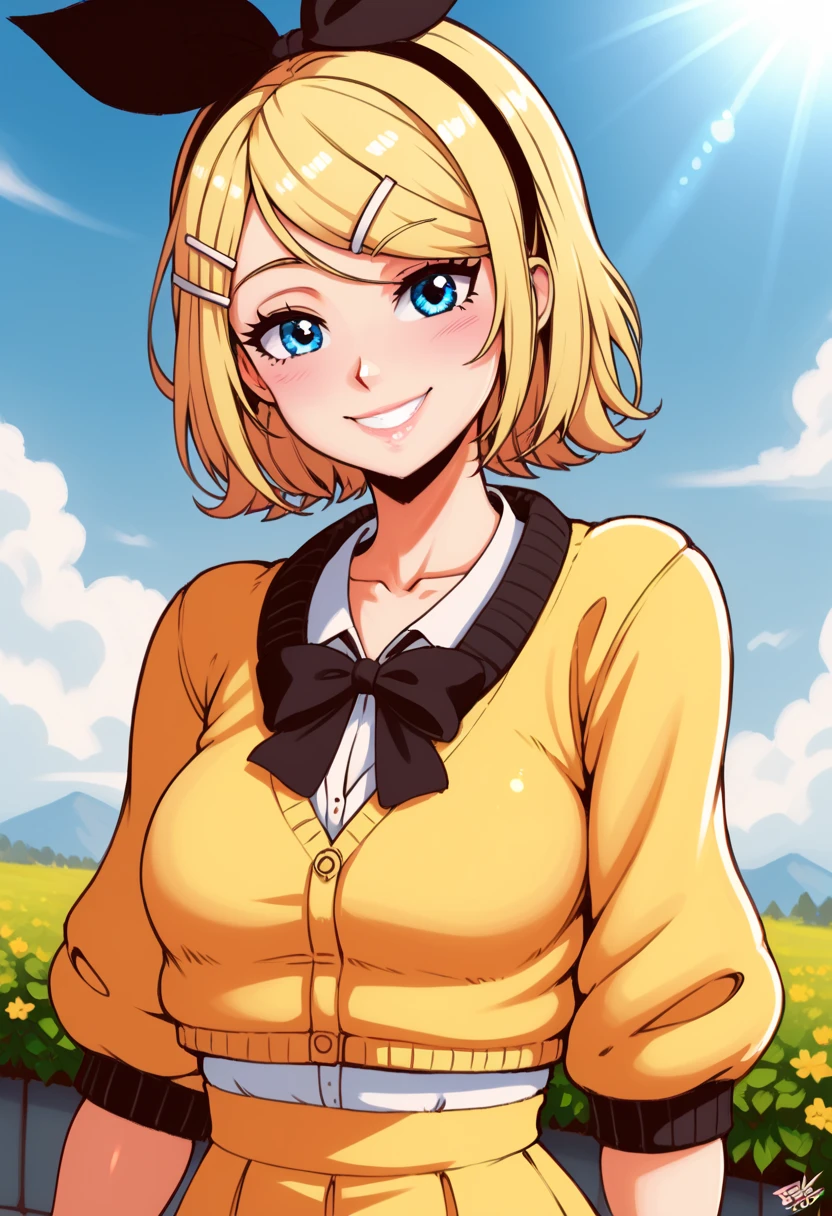 score_9, score_8_up, score_7_up, score_6_up, score_5_up, score_4_up , 1GIRL, rin kagamine, blonde hair, blue eyes, hair bow, short hair, yellow dress, cropped cardigan, smile, looking at viwers, daisy, day, HDR, 32K, 8K, 4K,