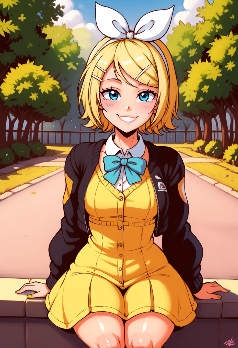 score_9, score_8_up, score_7_up, score_6_up, score_5_up, score_4_up , 1GIRL, rin kagamine, blonde hair, blue eyes, hair bow, short hair, yellow dress, cropped cardigan, smile, looking at viwers, daisy, day, HDR, 32K, 8K, 4K,