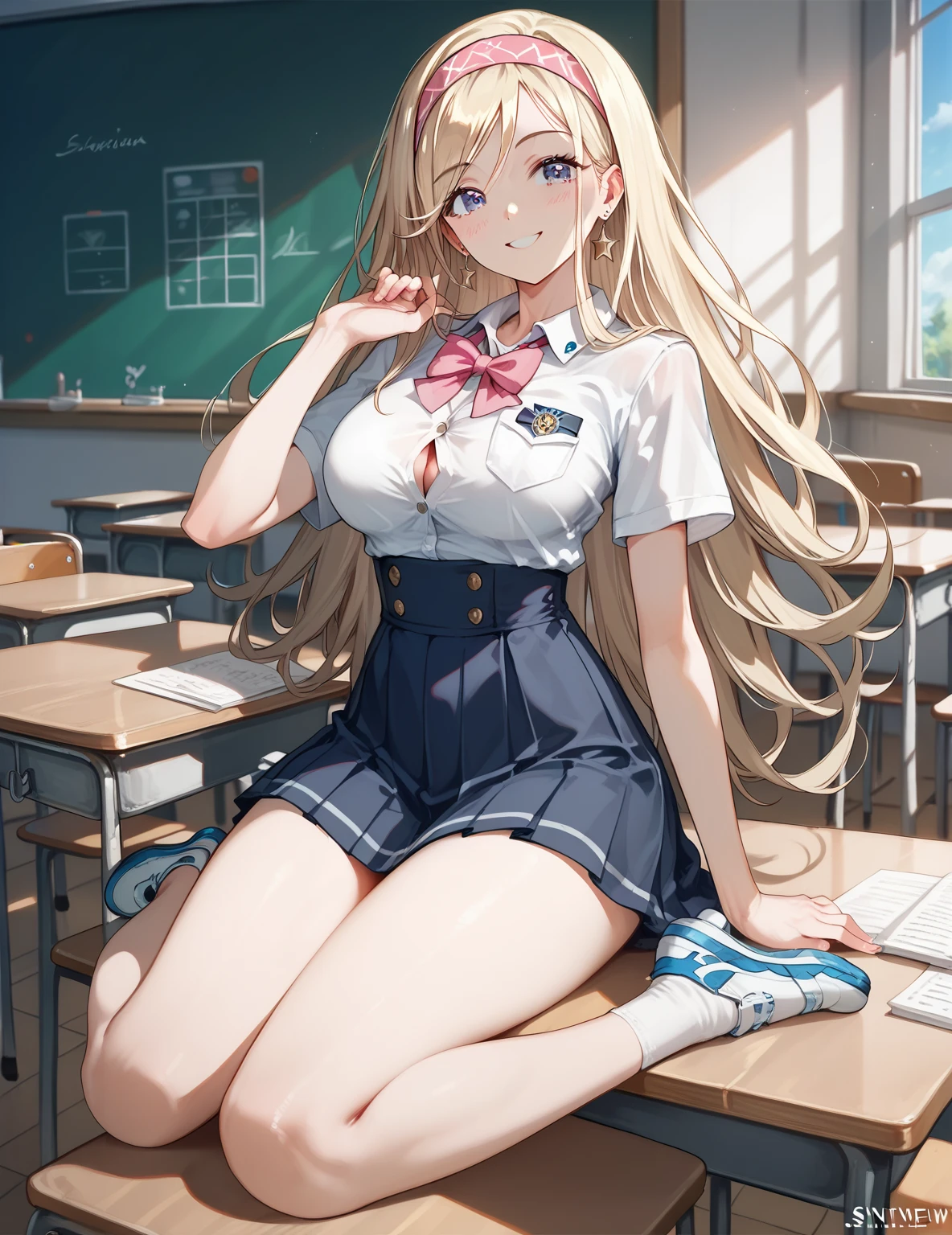 looking at the spectator,  masterpiece,  correct anatomy , necessary, The best quality, (nsfw), A beautiful young woman (full body , big breasts,  slim waist,  big ass, long blonde hair, loose hair, wearing a headband  , Blue eyes, daring smile  ), wears a school uniform of white t-shirt with a pink bow and black buttons with the school logo on the left shoulder and short brown table skirt with yellow squares in a school classroom,